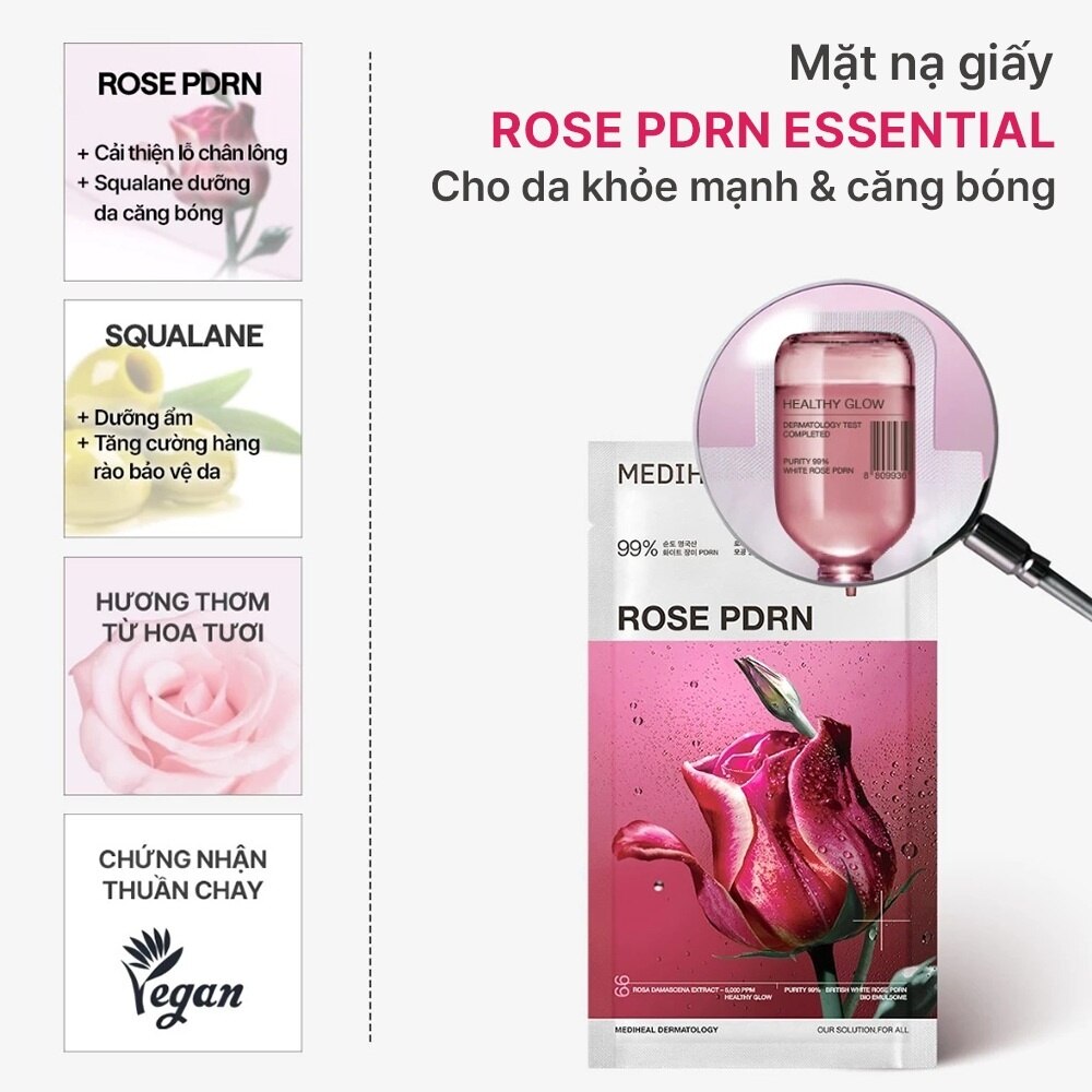 Mediheal Rose PDRN Essential Mask Healthy Glow 24ml - Helps skin look fresher and more radiant, Helps even out skin tone, Lightly hydrates, leaving skin soft, Provides a fresh, comfortable feeling after use Mediheal Rose PDRN Essential Mask Healthy Glow 24ml