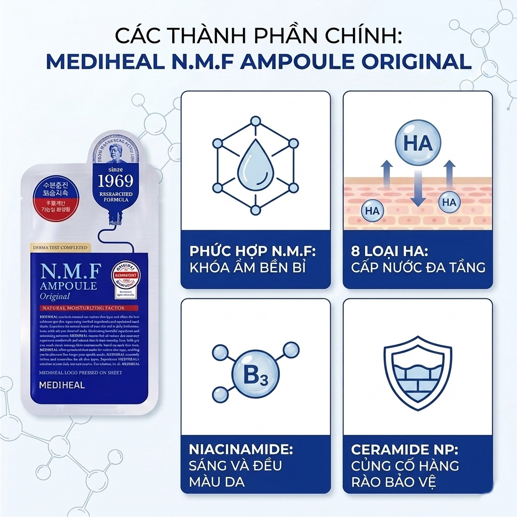 Mediheal The N.M.F Ampoule Mask Original 27ml - Provides quick hydration for plump, supple skin, Helps soften skin and reduce dryness, Creates a good moisture base for subsequent skincare steps, Provides a relaxing, comfortable feeling after use Mediheal The N.M.F Ampoule Mask Original 27ml