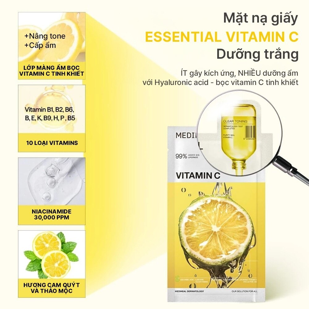 Mediheal Vitamin C Essential Mask Clear Toning 24ml - Helps skin look fresher and more radiant, Helps even out skin tone, Lightly hydrates, leaving skin soft, Provides a fresh, comfortable feeling after use Mediheal Vitamin C Essential Mask Clear Toning 24ml