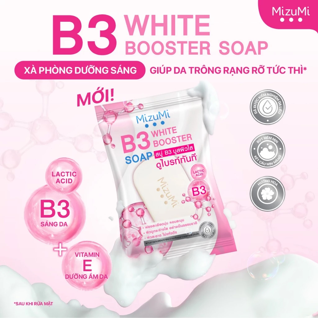 Xà Phòng Tắm và Rửa Mặt MizuMi B3 White Booster Soap 60g - Giúp làm sạch bụi bẩn và dầu thừa nhẹ nhàng, Mang lại cảm giác sạch thoáng mà không khô căng, Giúp da mềm mại và trông tươi sáng hơn, Phù hợp dùng hằng ngày Xà Phòng Tắm và Rửa Mặt MizuMi B3 White Booster Soap 60g