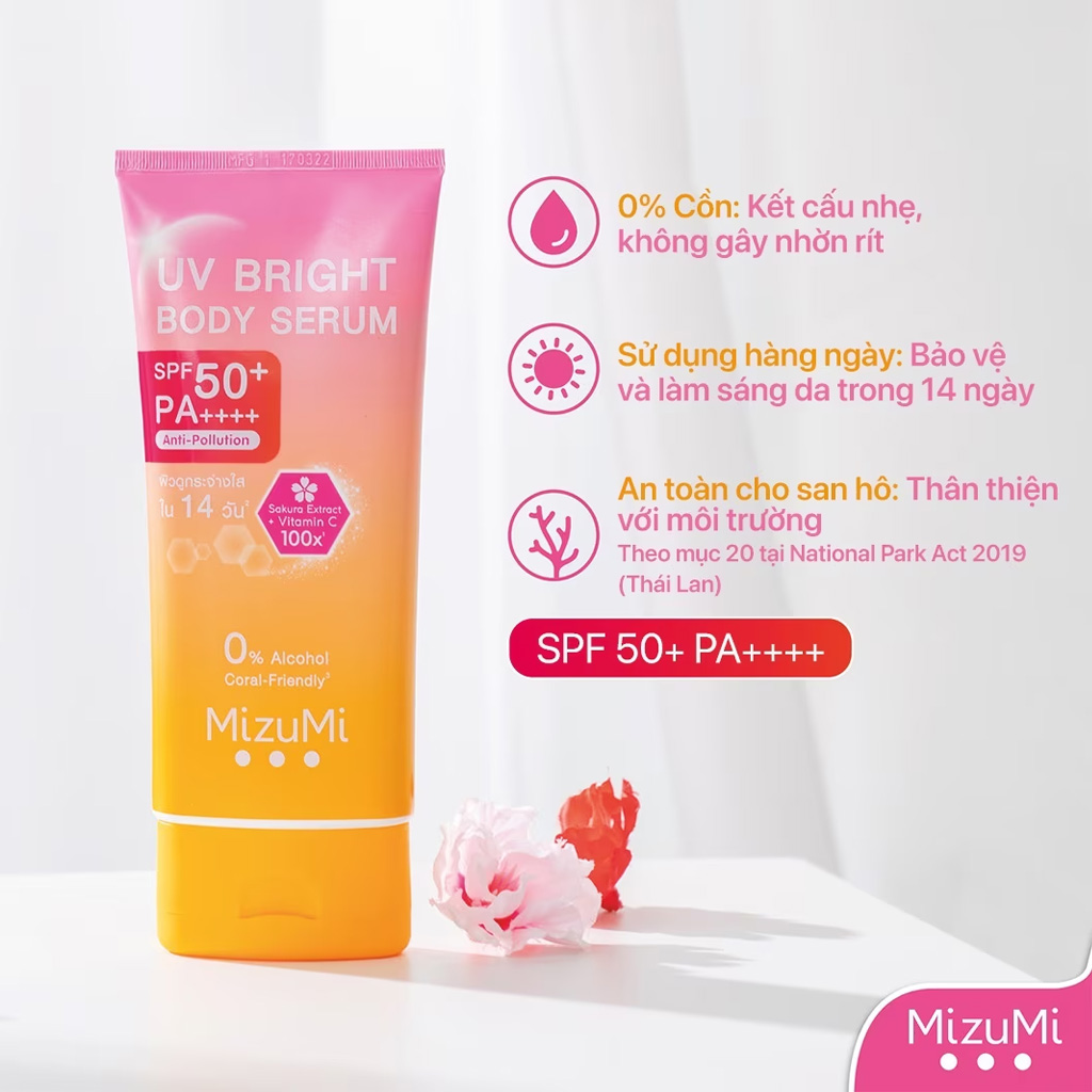 Mizumi UV Bright Body Serum SPF50 daily body protection Mizumi UV Bright Body Serum texture and finish