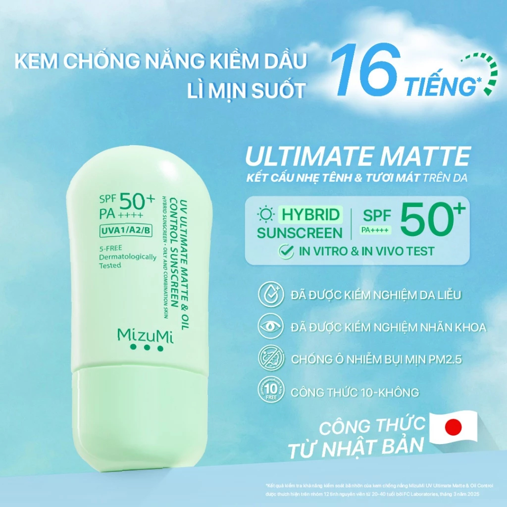Kem Chống Nắng Kiềm Dầu Mizumi UV Ultimate Matte & Oil Control Sunscreen SPF50+ PA++++ 40g - Chỉ số SPF50+ PA++++ chống tia UVA/UVA2/UVB mạnh mẽ, Chống ánh sáng xanh từ thiết bị điện tử, Kiểm soát dầu suốt 16 giờ cho lớp nền lì lâu trôi, Chống oxy hóa và chống lão hóa da, Giảm tiết dầu thừa, nguyên nhân gây da nhờn và lỗ chân lông to, Công thức mỏng nhẹ, không nhờn rít Kem Chống Nắng Kiềm Dầu Mizumi UV Ultimate Matte & Oil Control Sunscreen SPF50+ PA++++ 40g
