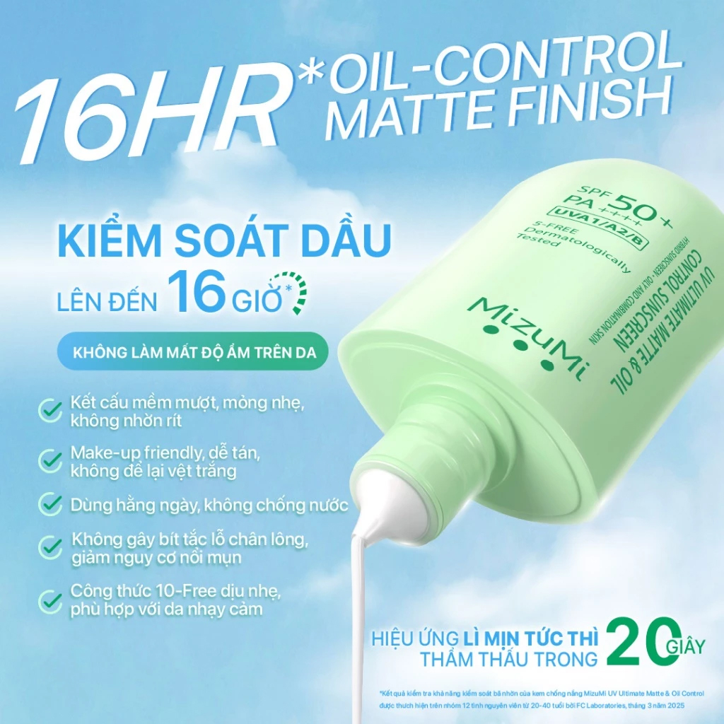Kem Chống Nắng Kiềm Dầu Mizumi UV Ultimate Matte & Oil Control Sunscreen SPF50+ PA++++ 40g - Da dầu và da hỗn hợp thiên dầu, Da có lỗ chân lông to cần thu nhỏ, Người thường xuyên tiếp xúc với ánh sáng xanh, Người thường xuyên trang điểm cần lớp base mịn lì, Ai muốn sunscreen kiềm dầu lâu trôi suốt cả ngày Kem Chống Nắng Kiềm Dầu Mizumi UV Ultimate Matte & Oil Control Sunscreen SPF50+ PA++++ 40g