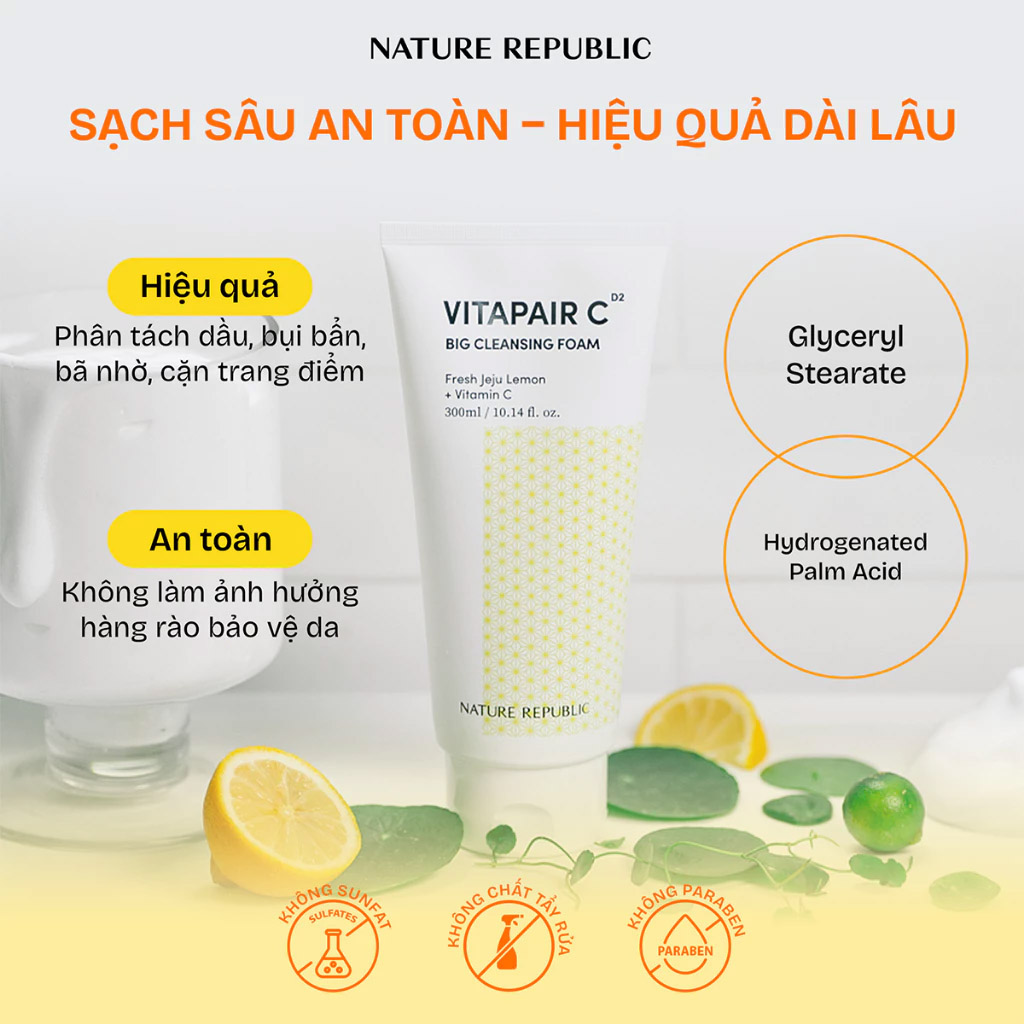 Sữa Rửa Mặt Nature Republic Vitapair C Big Cleansing Foam 300ml - cấp ẩm, dưỡng sáng, đều màu da, làm mềm, mịn da Sữa Rửa Mặt Nature Republic Vitapair C Big Cleansing Foam 300ml