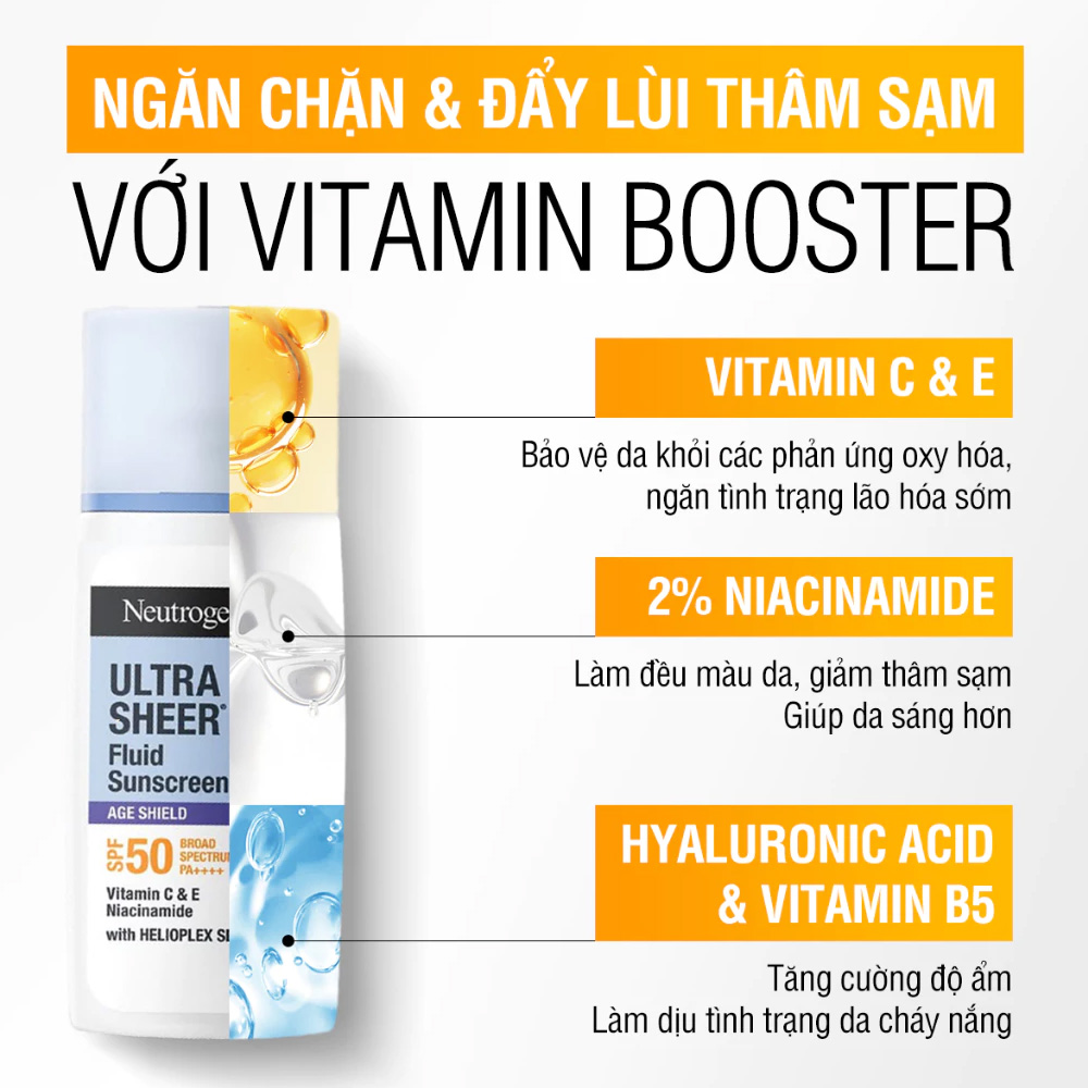 Kem Chống Nắng Neutrogena Ultra Sheer Fluid Sunscreen Age Shield SPF 50 Broad Spectrum PA++++ 40ml - Benefits Kem Chống Nắng Neutrogena Ultra Sheer Fluid Sunscreen Age Shield SPF 50 Broad Spectrum PA++++ 40ml