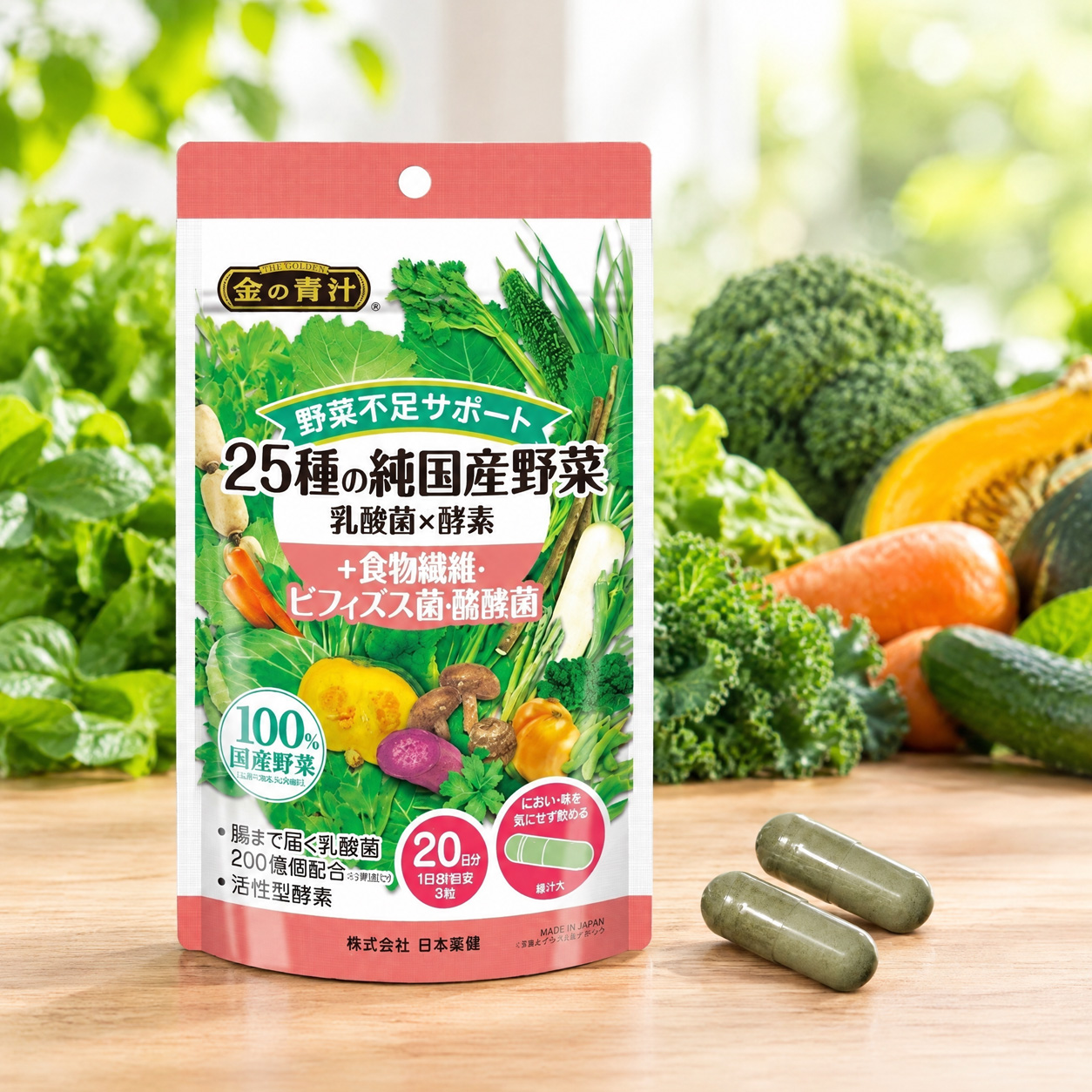 Nihon Yakken 25 Vegetable Probiotics&Butyric Acid 60s - Viên uống cung cấp dưỡng chất từ 25 loại rau củ trồng tại Nhật Bản, phù hợp với người có khẩu phần ăn ít rau xanh. Sản phẩm bổ sung lợi khuẩn axit lactic, Bifidobacteria và axit butyric để hỗ trợ hệ tiêu hóa. Nihon-Yakken-25-Vegetable-Probiotics-Butyric-Acid-60s-1
