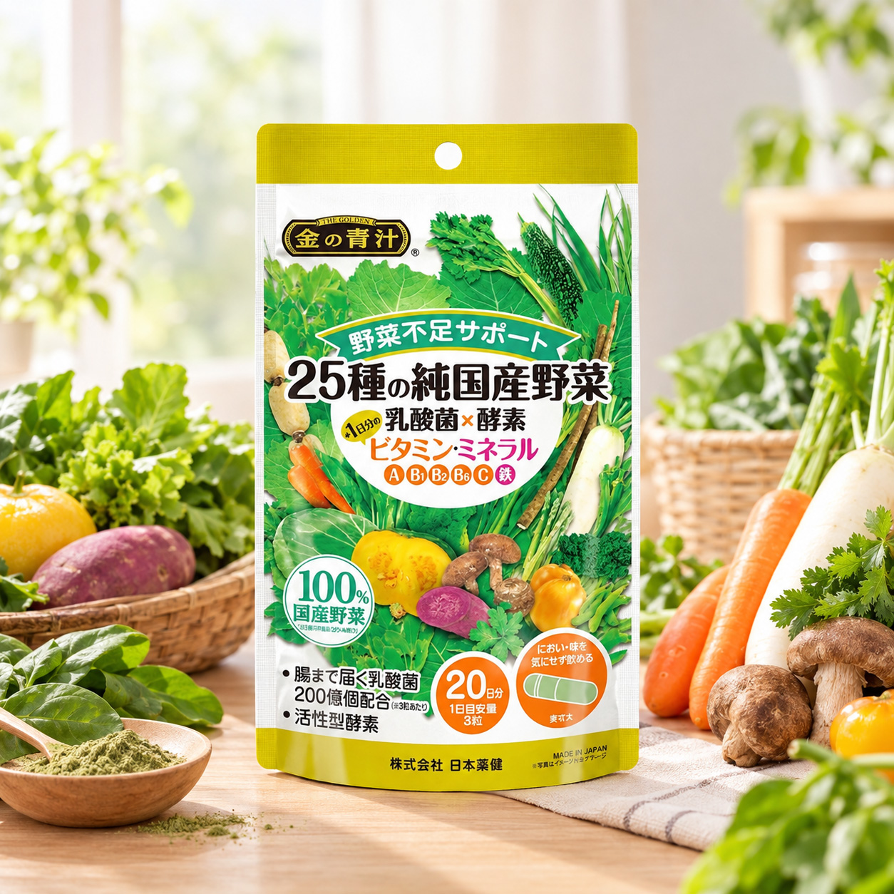 Nihon Yakken 25 Vegetable Vitamin&Mineral 60 Tablets - Viên uống kết hợp dưỡng chất từ 25 loại rau củ trồng tại Nhật Bản, hỗ trợ bổ sung vitamin và khoáng chất khi khẩu phần ăn còn thiếu rau xanh. Công thức có vitamin A, B1, B2, B6, C và sắt. Nihon-Yakken-25-Vegetable-Vitamin-Mineral-60-Tablets-1