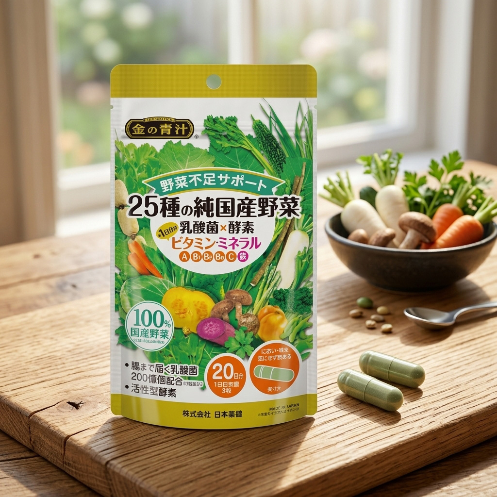 Nihon Yakken 25 Vegetable Vitamin&Mineral 60 Tablets - Phù hợp với: Hỗ trợ cung cấp dưỡng chất thiết yếu từ 25 loại rau củ được trồng tại Nhật Bản hỗ trợ bổ sung nguồn vi chất tự nhiên khi khẩu phần ăn thiếu rau xanh – đặc biệt cho người ít ăn rau. Nihon-Yakken-25-Vegetable-Vitamin-Mineral-60-Tablets-2