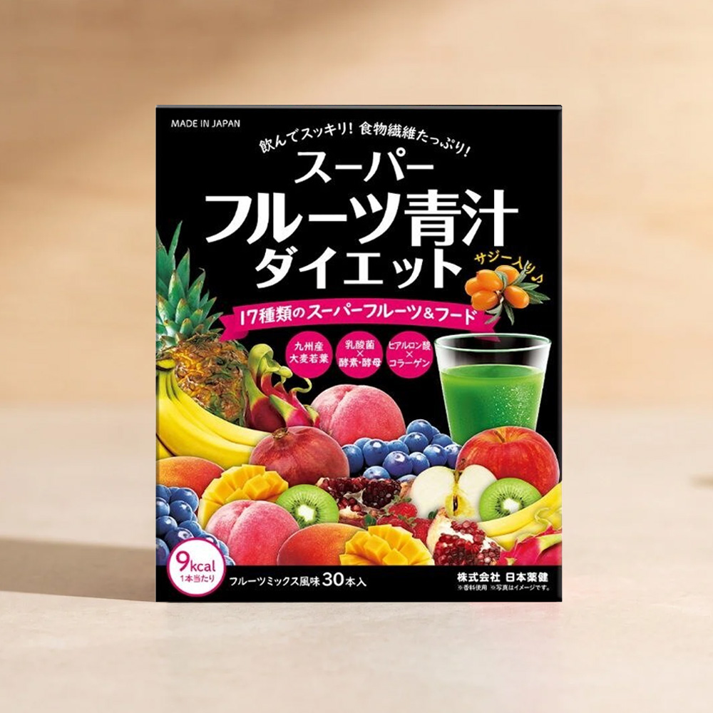 Nihon Yakken Fruit&Young Barley Grass Powder 3gx 30s - Bột dinh dưỡng kết hợp lúa mạch non Nhật Bản với thành phần trái cây, bổ sung chất xơ, vitamin và khoáng chất. Sản phẩm phù hợp với người muốn bổ sung dưỡng chất khi chế độ ăn hằng ngày còn ít rau xanh và trái cây. Nihon-Yakken-Fruit-Young-Barley-Grass-Powder-3gx-30s-1