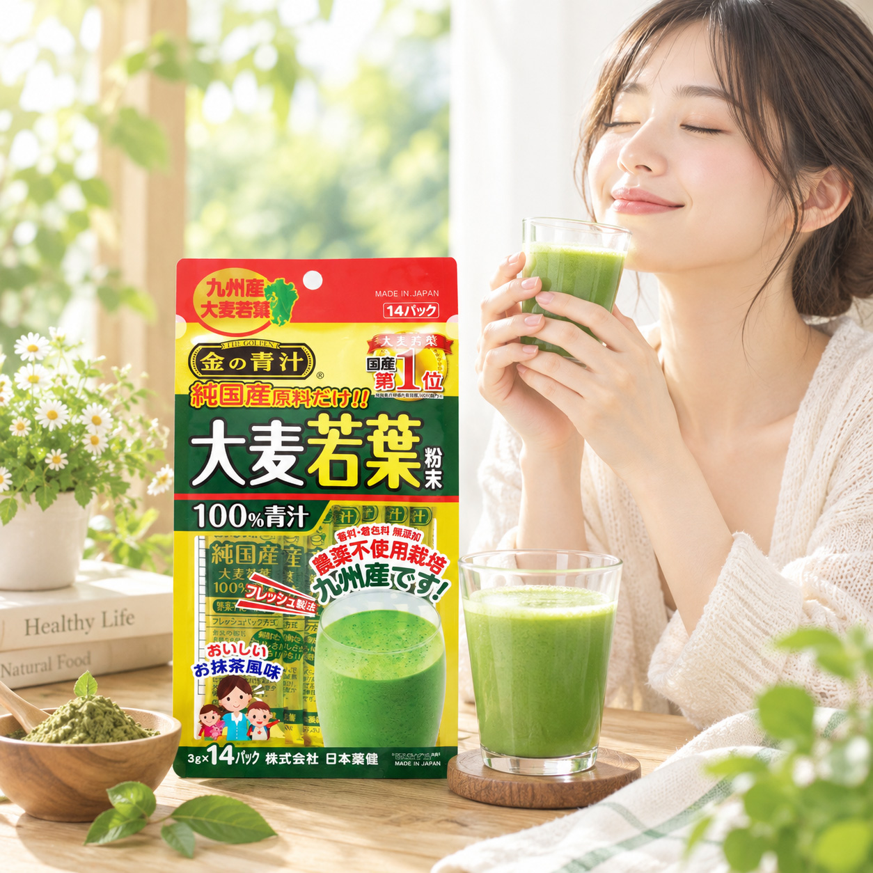 Nihon Yakken Young Barley Grass Powder 3gx 14packets - Bột trà được làm từ lá lúa mạch non Nhật Bản, cung cấp chất xơ, vitamin và khoáng chất tự nhiên. Sản phẩm phù hợp để bổ sung vào chế độ ăn hằng ngày, nhất là với người ít ăn rau xanh. Nihon-Yakken-Young-Barley-Grass-Powder-3gx-14packets-1