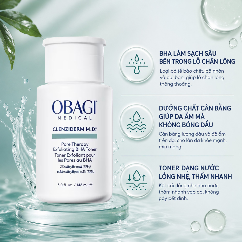 Nước Hoa Hồng Obagi Medical Cho Da Mụn Clenziderm M.D. Pore Therapy Exfoliating BHA Toner 148ml - Benefits Nước Hoa Hồng Obagi Medical Cho Da Mụn Clenziderm M.D. Pore Therapy Exfoliating BHA Toner 148ml