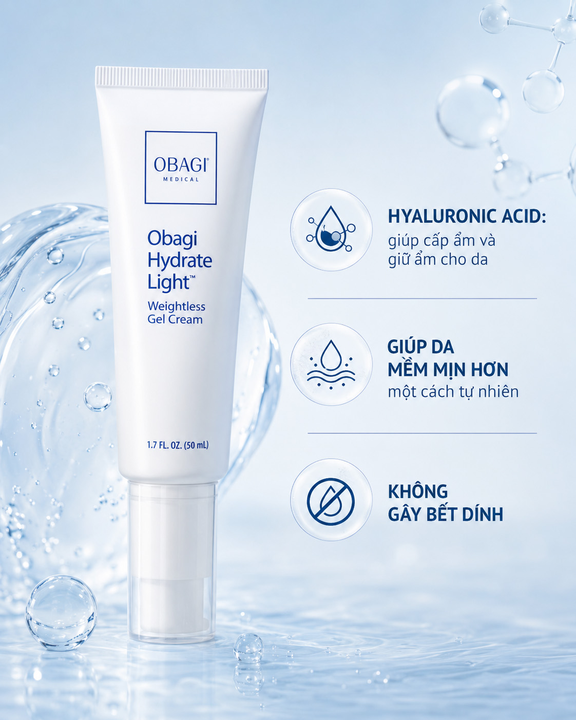 Kem Dưỡng Ẩm Obagi Medical Hydrate Light Weightless Gel Cream 50ml - all skin types, Those who need daily moisturizing, Morning and evening skincare routine Kem Dưỡng Ẩm Obagi Medical Hydrate Light Weightless Gel Cream 50ml