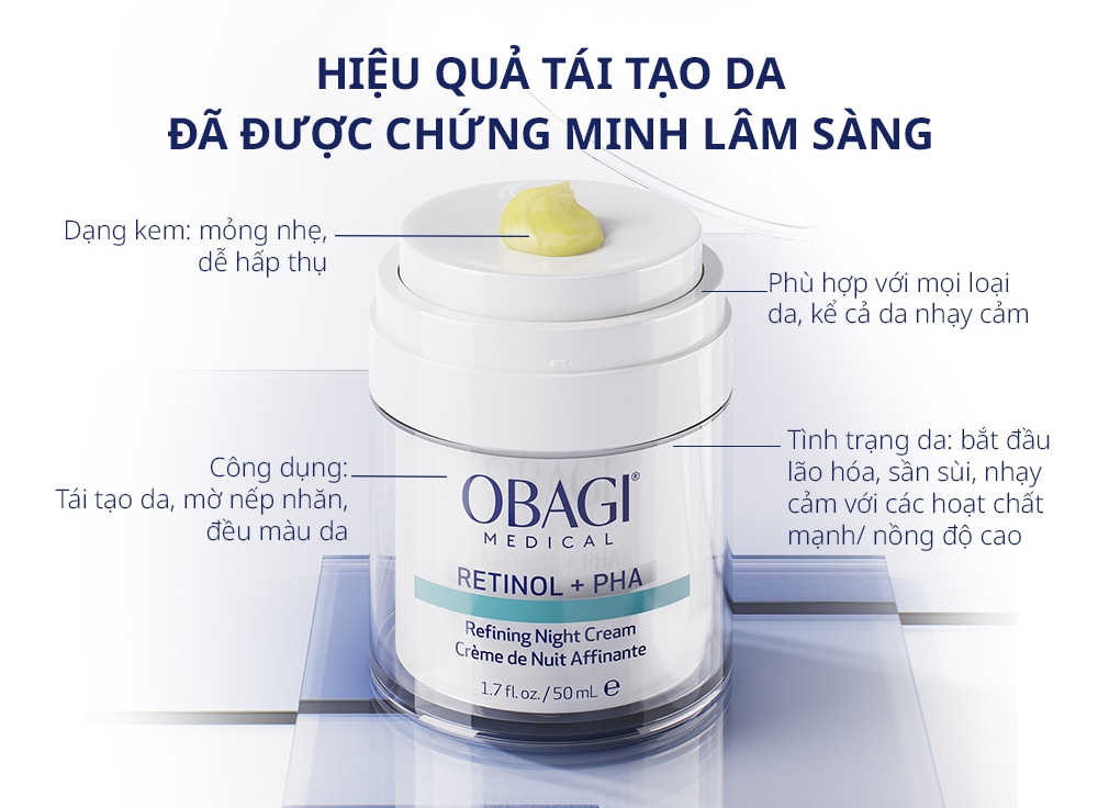 Kem Dưỡng Đêm Obagi Medical Retinol + PHA Refining Night Cream 50ml giúp hỗ trợ tái tạo da trong khi bạn ngủ, cải thiện làn da sần, xỉn màu và kém mịn. Kem Dưỡng Đêm Obagi Medical Retinol + PHA Refining Night Cream 50ml - 1