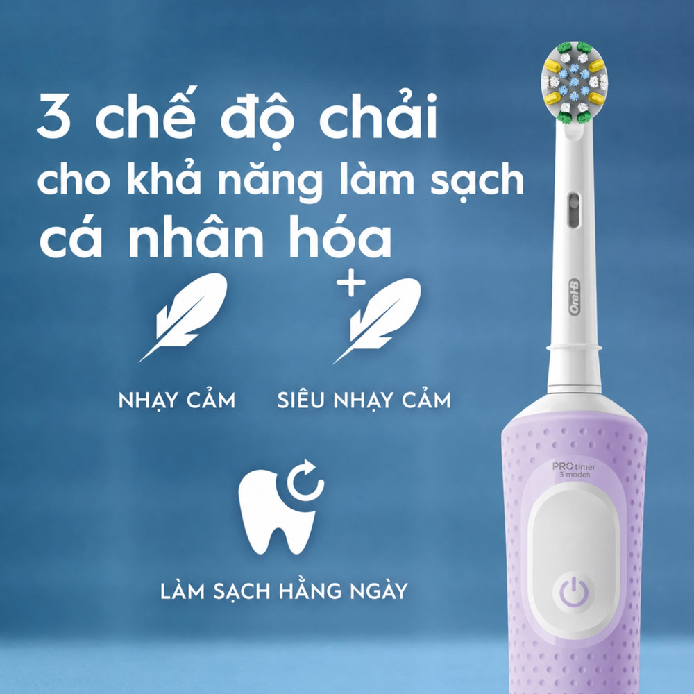 Oral-B Vitality Pro Electric Toothbrush - Lilac - Bàn chải điện sử dụng đầu chải xoay dao động để làm sạch mảng bám trên bề mặt răng và dọc theo viền nướu. Lông bàn chải mềm hỗ trợ làm sạch nhẹ nhàng khi chải đúng cách. Oral-B-Vitality-Pro-Electric-Toothbrush-Lilac-1