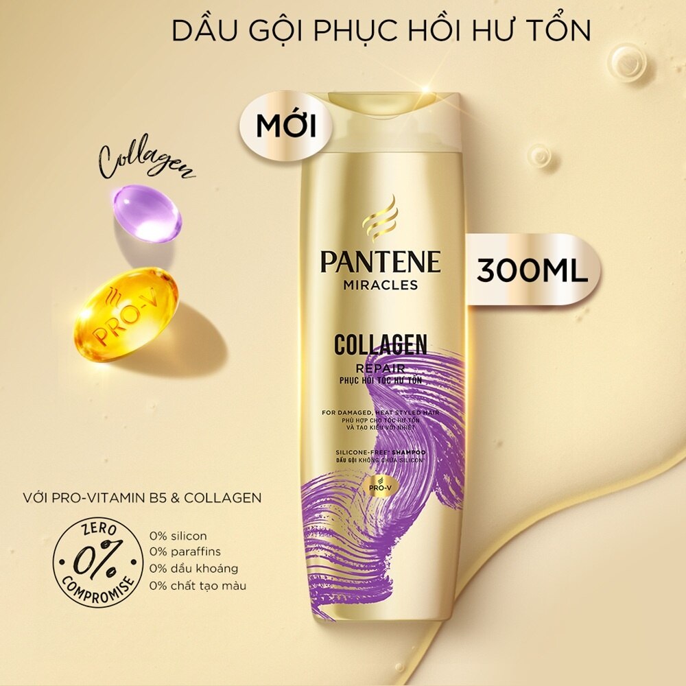 Dầu Gội Pantene Phục Hồi Tóc Hư Tổn Collagen Repair Silicone-Free Shampoo 300ml
