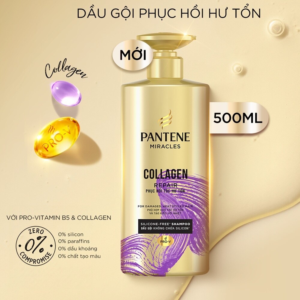 Dầu Gội Pantene Phục Hồi Tóc Hư Tổn Collagen Repair Silicone-Free Shampoo 500ml