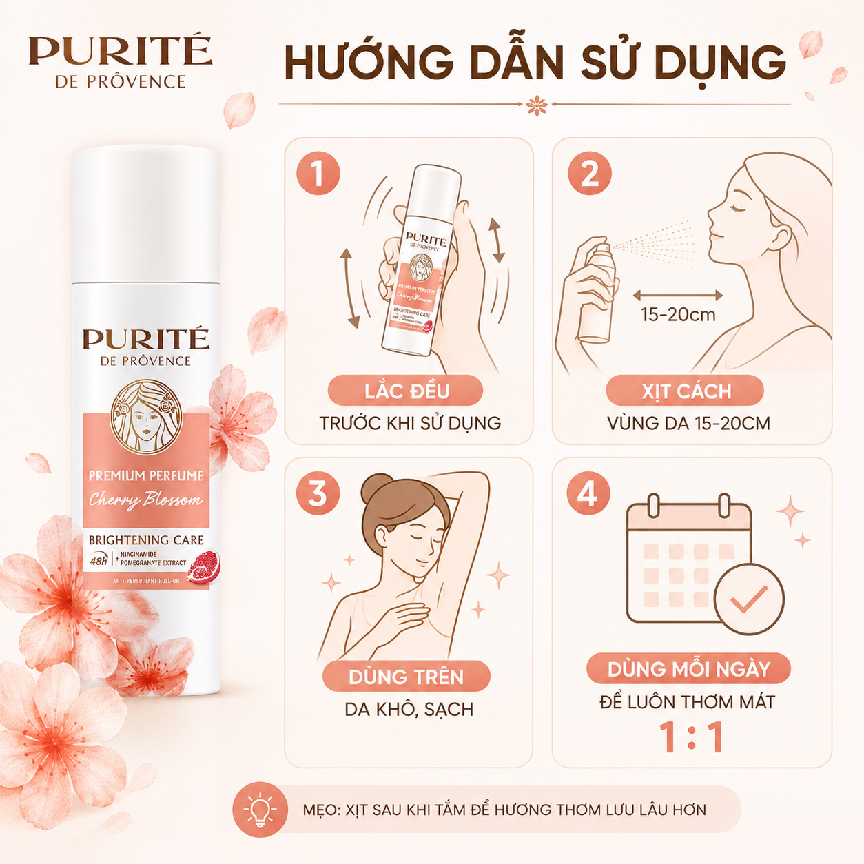 Xịt Khử Mùi Purité Dưỡng Sáng Hương Nước Hoa Cao Cấp Hoa Anh Đào 140ml
