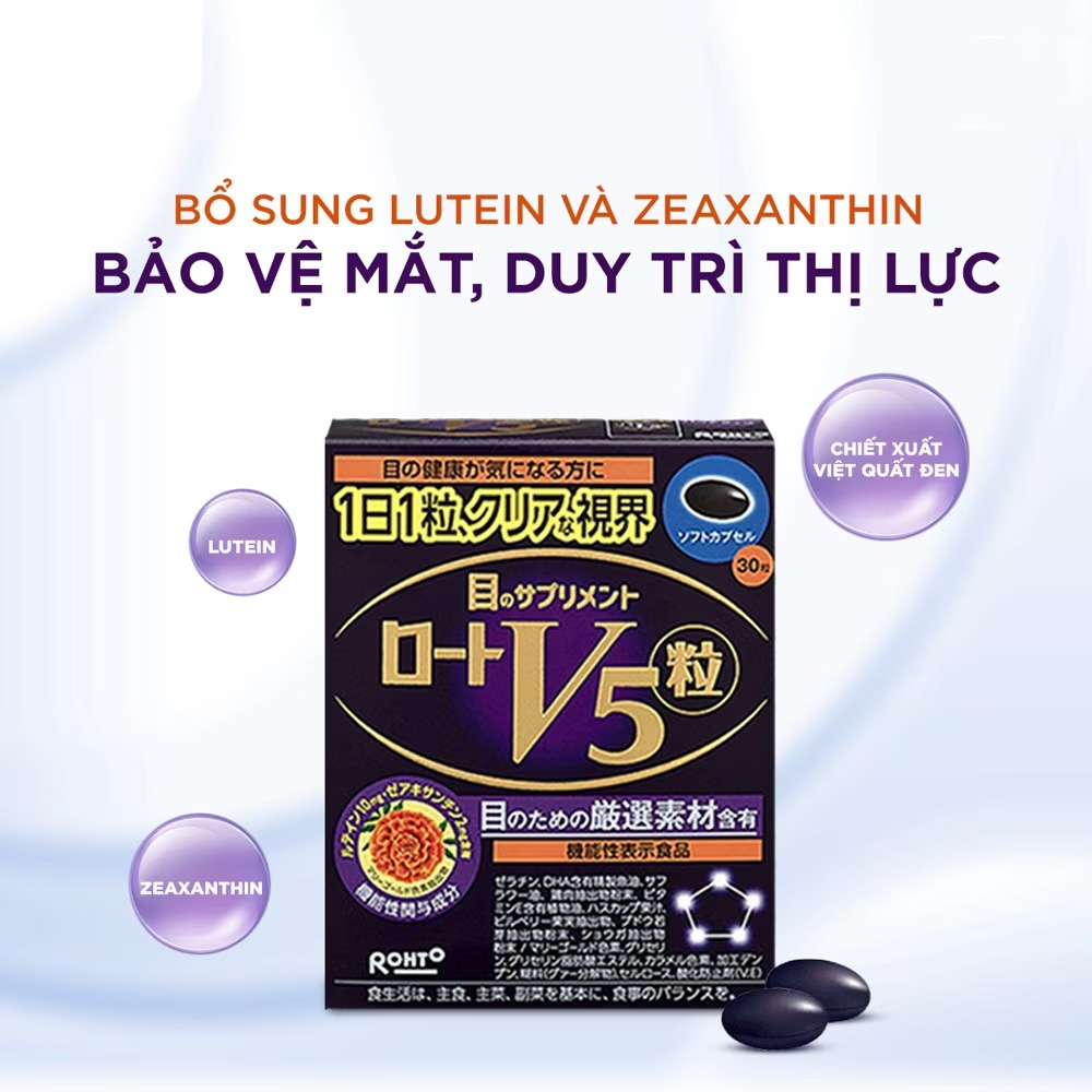 Thực Phẩm Bảo Vệ Sức Khỏe Rohto V5 Bổ Mắt 12.57g 30 Viên là thực phẩm bảo vệ sức khỏe giúp bổ mắt, hỗ trợ bảo vệ thị lực và giảm mỏi mắt khi làm việc với máy tính, điện thoại trong thời gian dài. Thực Phẩm Bảo Vệ Sức Khỏe Rohto V5 Bổ Mắt 12.57g 30 Viên - 1