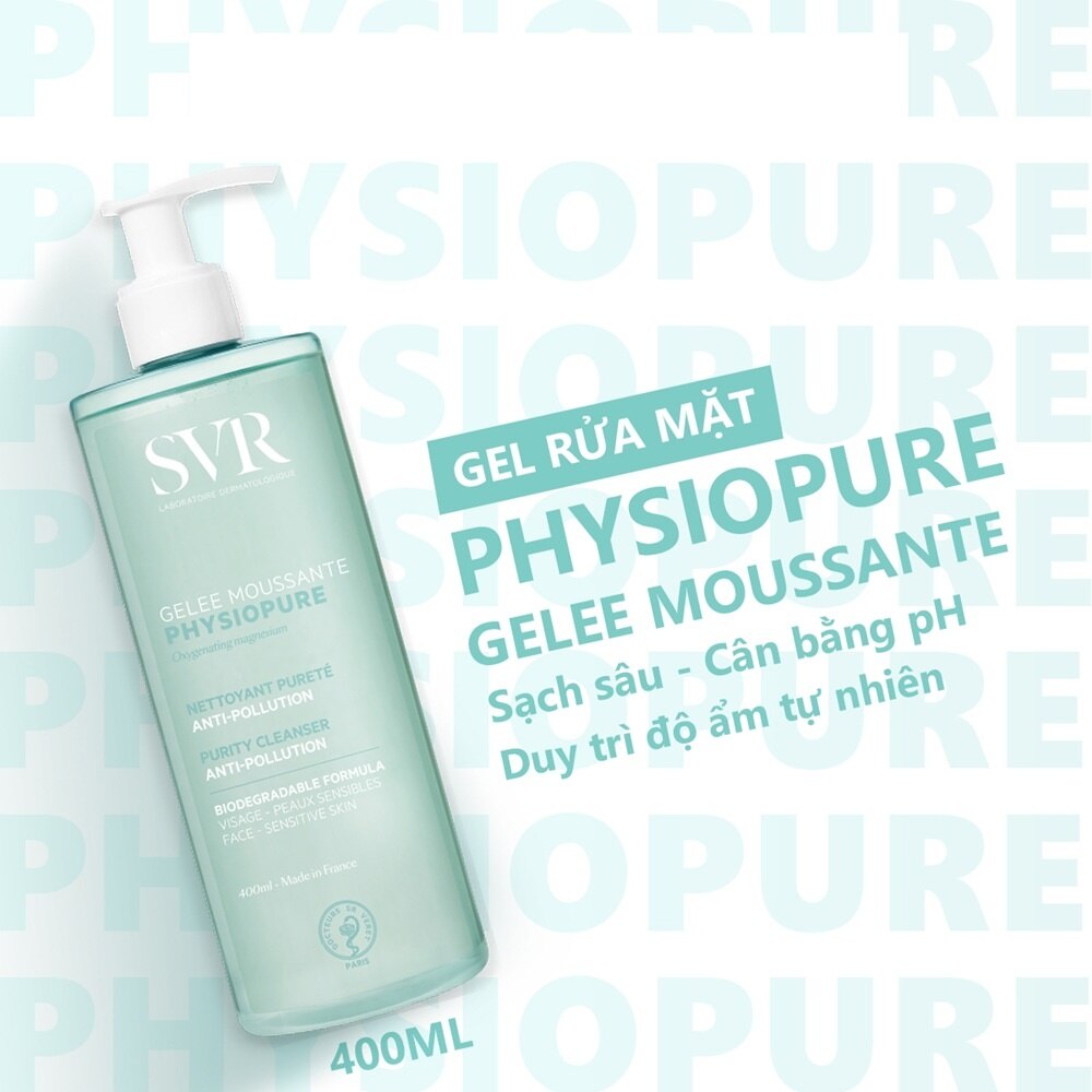 SVR Physiopure Gelee Moussante 400ml - Gel rửa mặt làm sạch bụi bẩn, dầu thừa và cặn trang điểm một cách dịu nhẹ, không để lại cảm giác khô căng. Sau khi rửa, da vẫn giữ được độ ẩm tự nhiên và cảm giác mềm mại. SVR-Physiopure-Gelee-Moussante-400ml-1