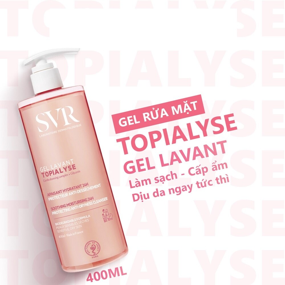 SVR Topialyse Gel Lavant 400ml - Gel làm sạch dùng cho cả mặt và cơ thể, phù hợp với da khô, da nhạy cảm và da dễ kích ứng. Sản phẩm loại bỏ bụi bẩn, dầu thừa và tạp chất một cách nhẹ nhàng, đồng thời giúp duy trì độ ẩm tự nhiên của da. SVR-Topialyse-Gel-Lavant-400ml-1
