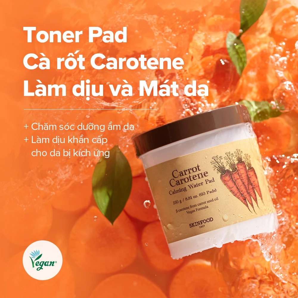 Toner Pad Skinfood Carrot Carotene Calming Water Pad 250g 60 miếng giúp làm dịu và cấp ẩm cho da nhạy cảm với chiết xuất cà rốt tự nhiên giàu Carotene