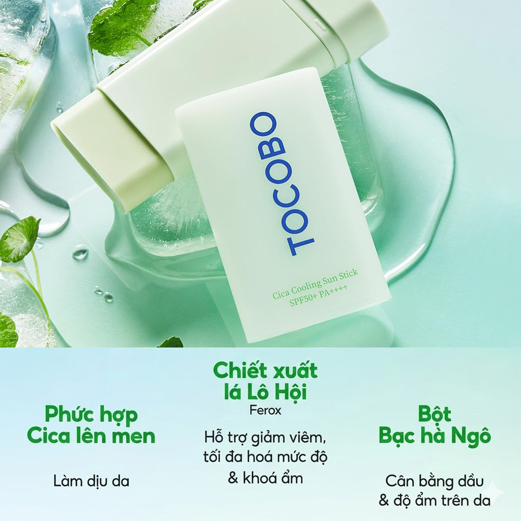 Thanh lăn chống nắng Tocobo Cica Cooling Sun Stick SPF50+ PA++++ - bảo vệ da, làm dịu và mát da