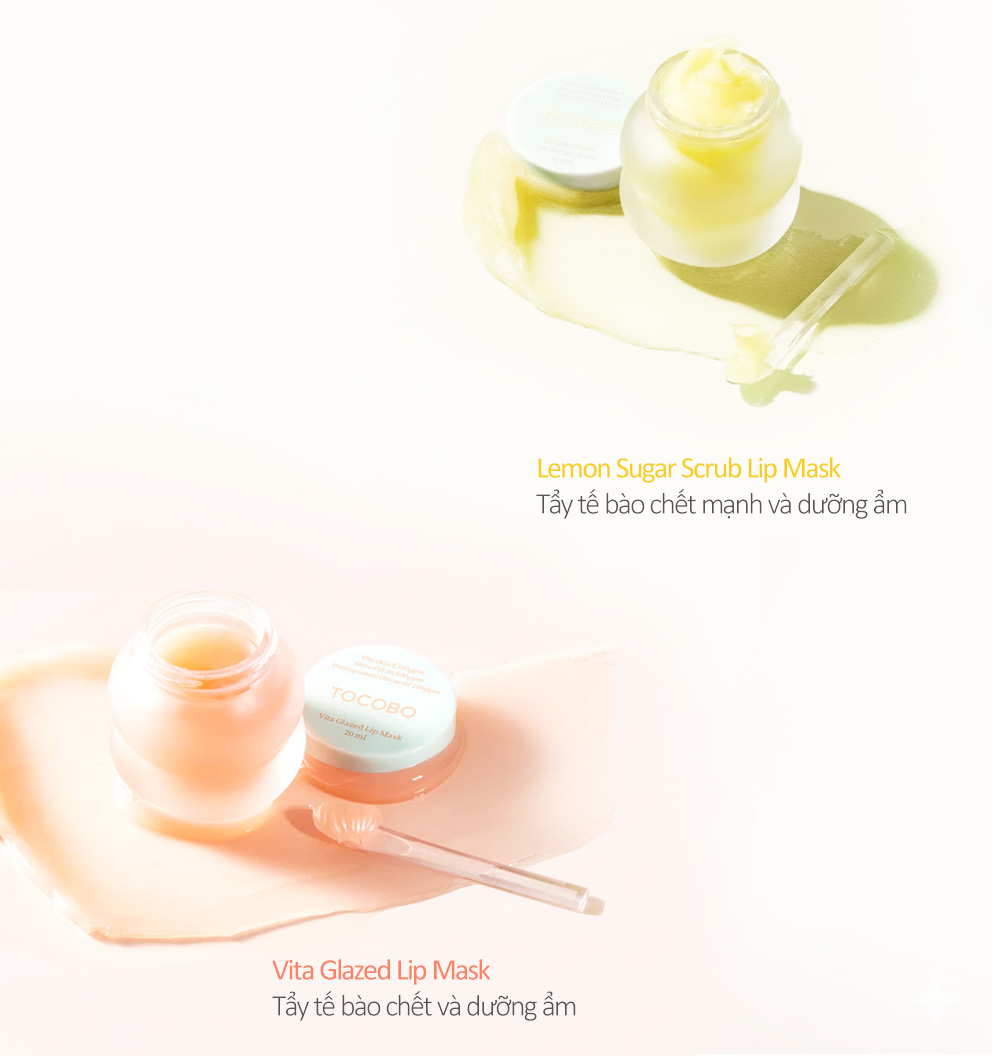 Mặt nạ tẩy tế bào chết môi Lemon Sugar Scrub và Vita Glazed Lip Mask giúp dưỡng ẩm và làm mềm môi.