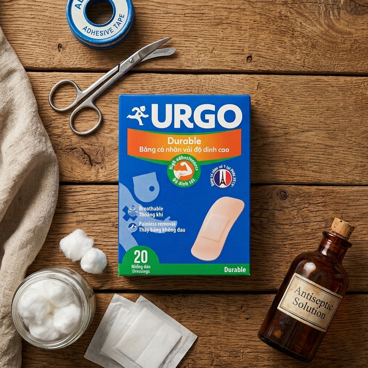 Urgo Durable Bandage 20 Pcs (Nude) - Băng cá nhân bằng vải có độ dính và độ co giãn tốt, phù hợp để che phủ các vết cắt hoặc vết trầy xước nhỏ. Thiết kế thông thoáng giúp bảo vệ vùng da bị thương trong quá trình sử dụng. Urgo-Durable-Bandage-20-Pcs-Nude-1
