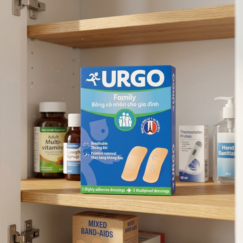 Urgo Family Bandage 10 Pcs - Bộ băng cá nhân dành cho gia đình gồm nhiều miếng tiện dụng để chăm sóc các vết thương nhỏ. Nền băng có lỗ thoát khí, còn lớp gạc hạn chế dính vào vết thương. Urgo-Family-Bandage-10-Pcs-1