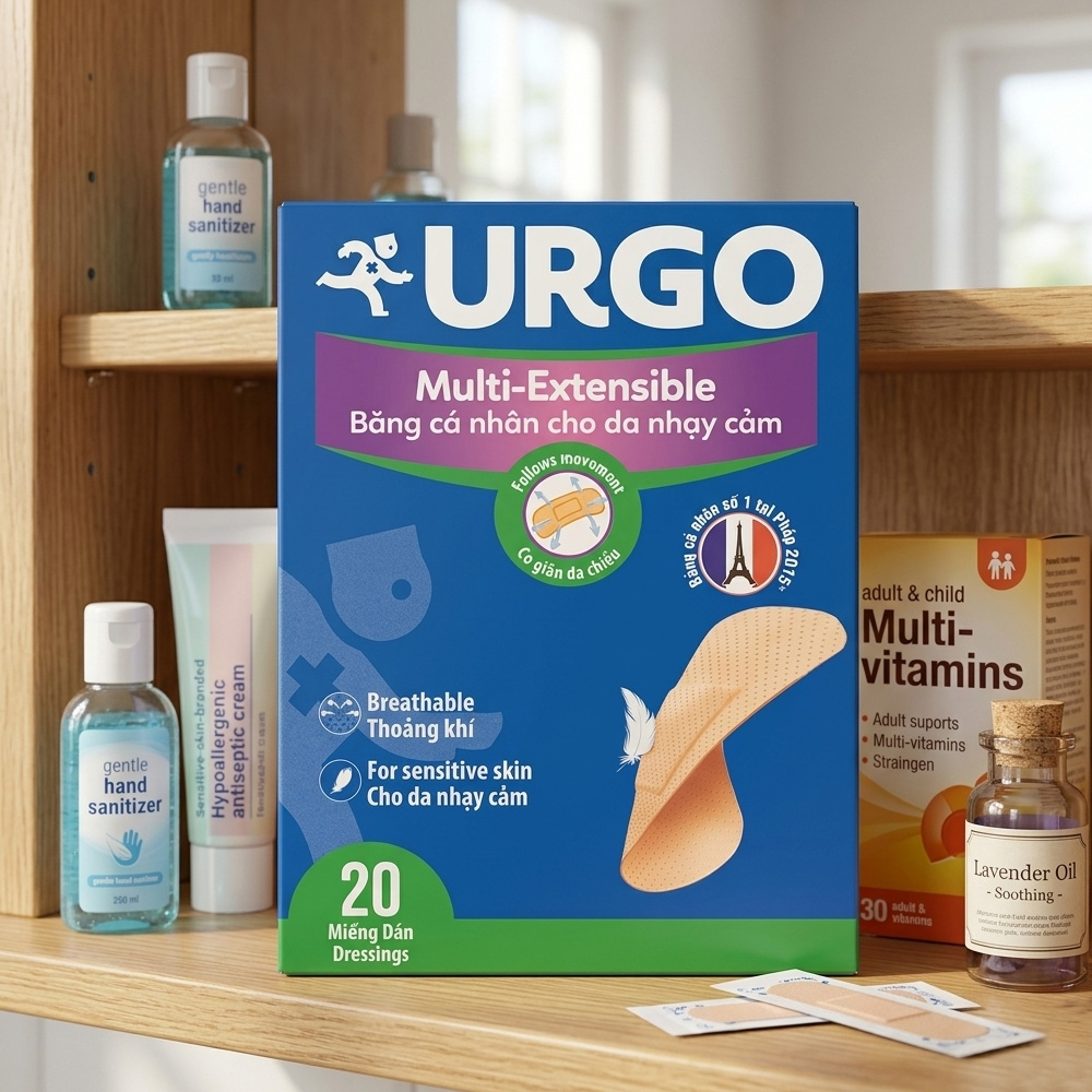 Urgo Multive-Extensible Bandage 20s (Sensitive Skin) - Băng cá nhân co giãn dành cho da nhạy cảm, có nền màu da và các lỗ thoát khí nhỏ. Lớp gạc không dính vào vết thương, giúp việc thay băng nhẹ nhàng hơn. Urgo-Multive-Extensible-Bandage-20s-Sensitive-Skin-1