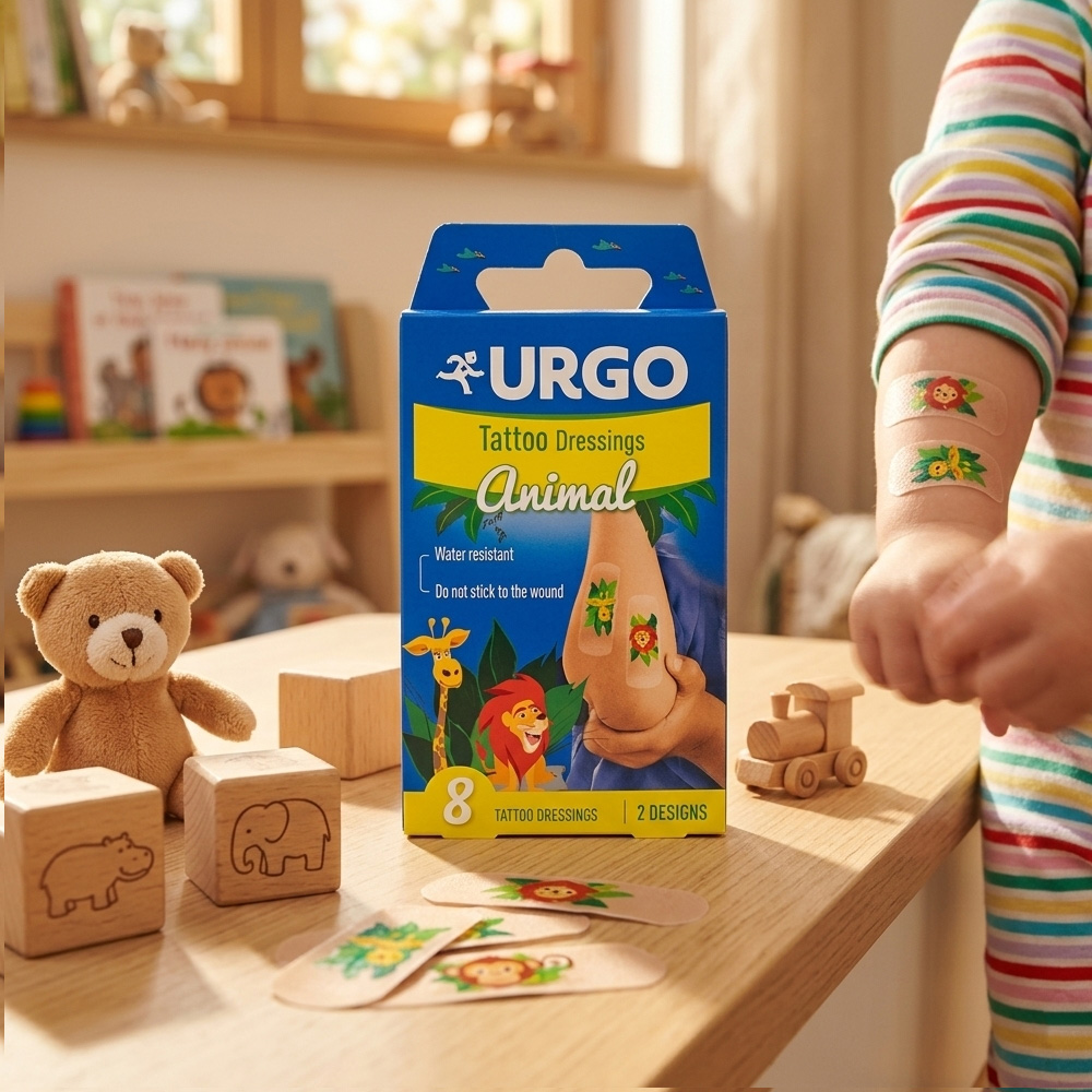 Urgo Tattoo Dressing Children's Bandages 8 Pcs - Băng cá nhân dành cho trẻ em có khả năng chống thấm nước và không dính vào vết thương. Mỗi miếng được cắt sẵn với ba lớp gồm lớp nền, gạc thấm hút và giấy bảo vệ keo. Urgo-Tattoo-Dressing-Children-s-Bandages-8-Pcs-1