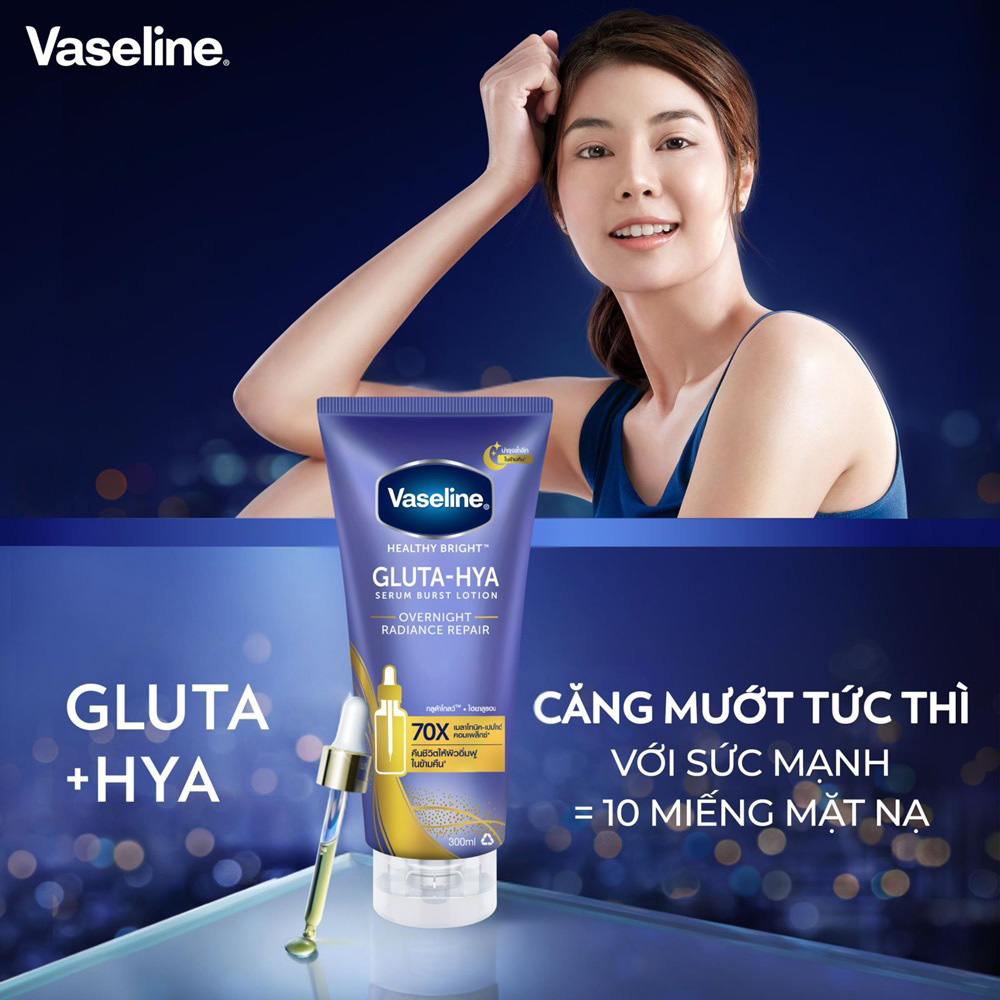 Serum Dưỡng Thể Vaseline Healthy Bright Gluta-Hya Serum Burst Lotion Overnight Radiance Repair 300ml - 1