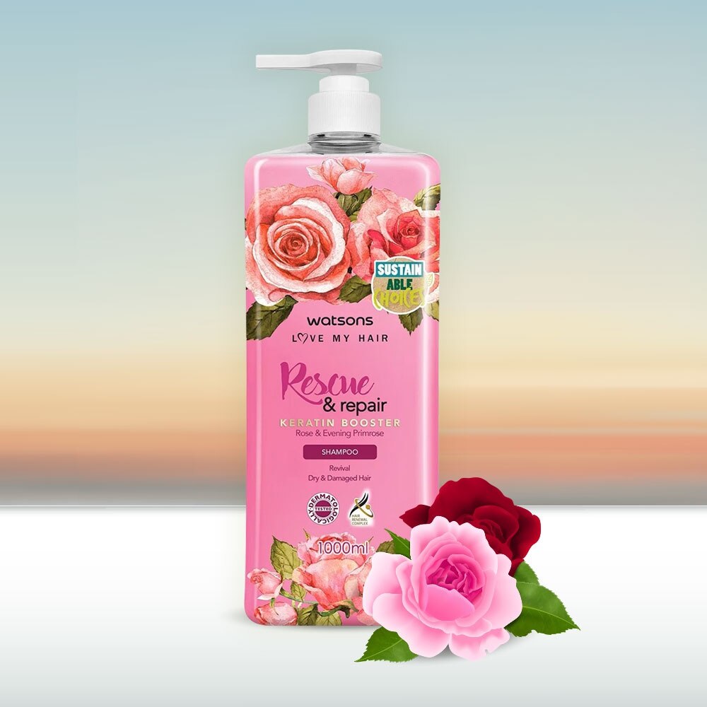 Dầu Gội Watsons Rescue & Repair Rose & Evening Primrose Shampoo 1000ml - Phù hợp với nhiều loại da Dầu Gội Watsons Rescue & Repair Rose & Evening Primrose Shampoo 1000ml