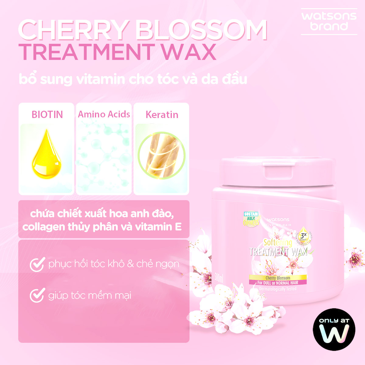 Kem Ủ Tóc Watsons Chiết Xuất Hoa Anh Đào Cho Tóc Xỉn Màu & Tóc Thường 500ml - 1