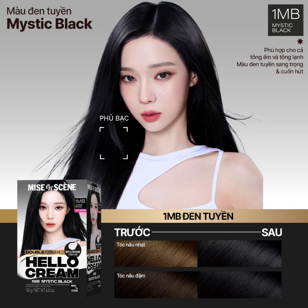 Kem Nhuộm Tóc Phủ Bạc mise en scène Hello Cream Double Cover 120g .#1MB Đen Tuyền - Hình ảnh chính thức