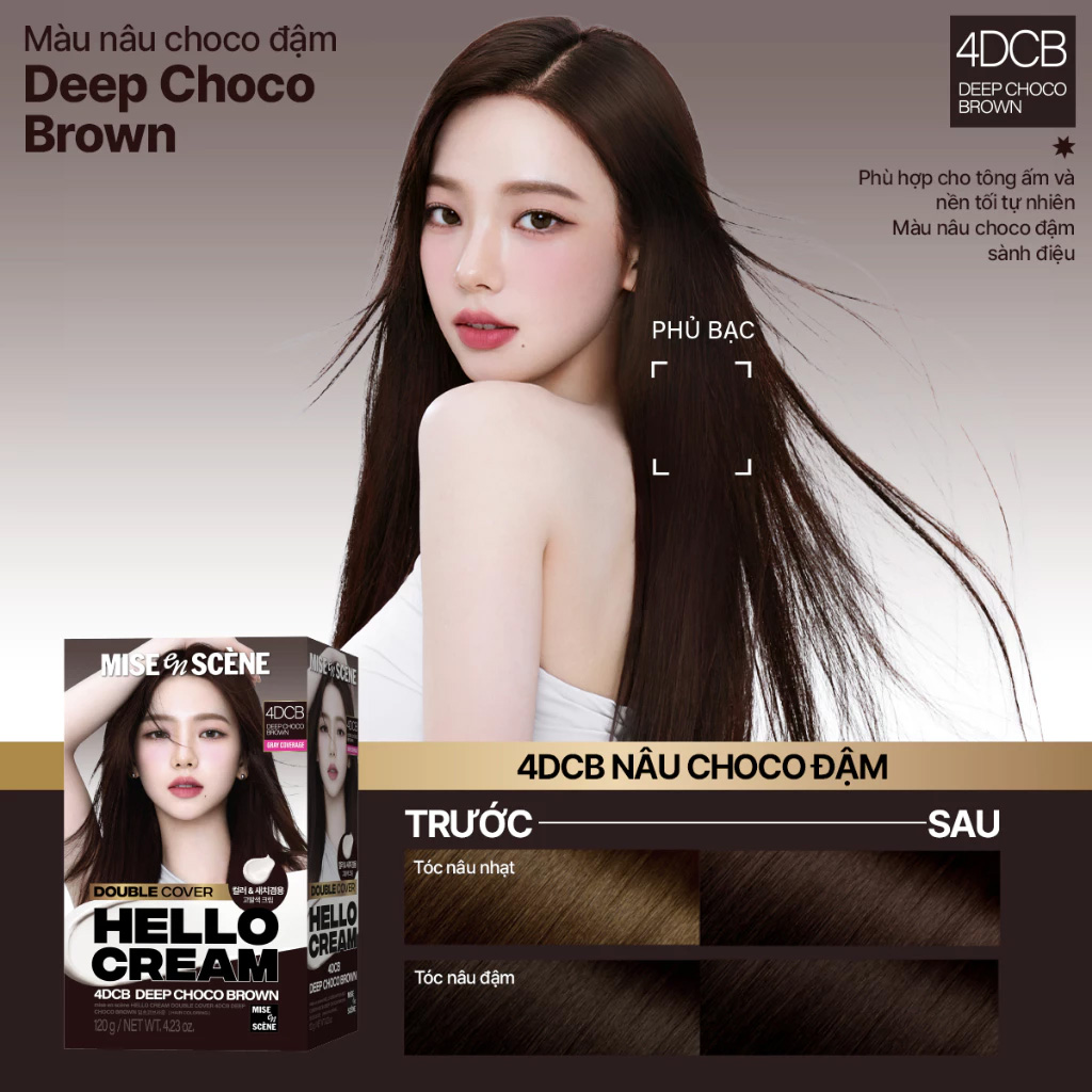 Kem Nhuộm Tóc Phủ Bạc mise en scène Hello Cream Double Cover 120g .#4DCB Nâu Choco Đậm - Hình ảnh chính thức