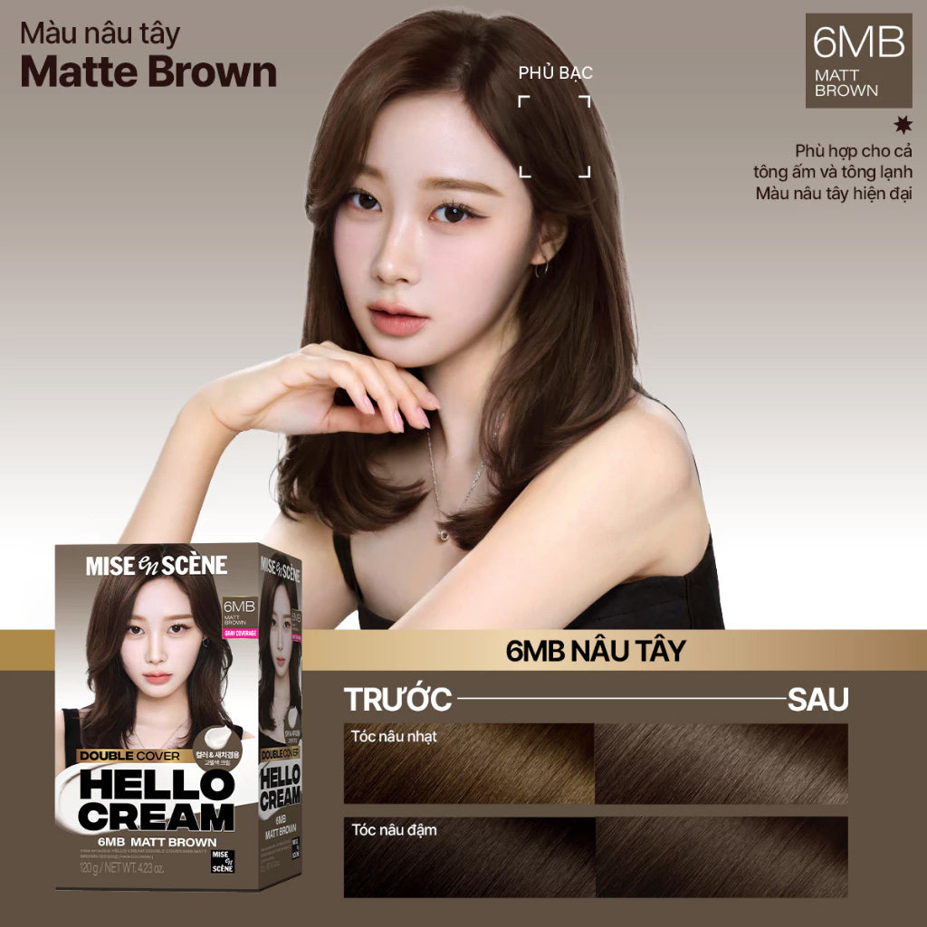 Kem Nhuộm Tóc Phủ Bạc mise en scène Hello Cream Double Cover 120g .#6MB Nâu Tây Kem Nhuộm Tóc Phủ Bạc mise en scène Hello Cream Double Cover 120g .#6MB Nâu Tây - Hình ảnh chính thức
