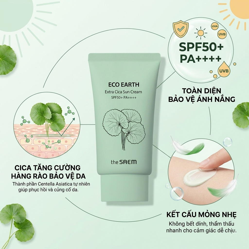 The SAEM Eco Earth Cica Sun Cream SPF50+ PA++++ daily UV protection The SAEM Eco Earth Cica Sun Cream SPF50+ PA++++ 50g